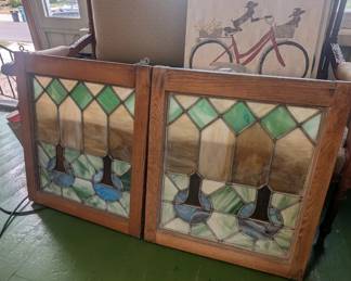 Pair of Antique 1920's Stained Leaded Glass Windows