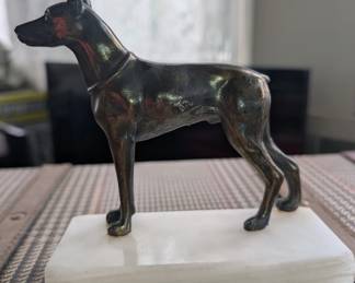 Mid- Century Doberman Pinscher Bronze Figurine on Marble Base