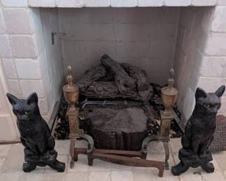 Wrought iron black cat andirons - Brass andirons