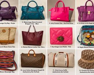 Rare Balenciaga Motorcycle City Bags 1. $895 2. $675 3. Juicy Couture$45, 4.Phillip Lim $55 5.Torch Burch$125 6.Neiman Marcus Tote $45 7.Kurt Geiger $45  8. Hedgehog Marvel $35 9. Hippie Tote $20 10. LV Weekender $125 11. Chloe Weekender $95 12. Dior Bucket Hat $85