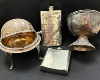 UM292Vintage Scottish Pewter, Hip Flask, Fred Harvey, Silver Plated Bowl and More