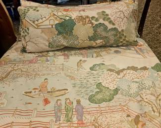 Civil war cast iron folding bed with new mattress and chic chinoiserie fabric and pillows. Form, function and Fab