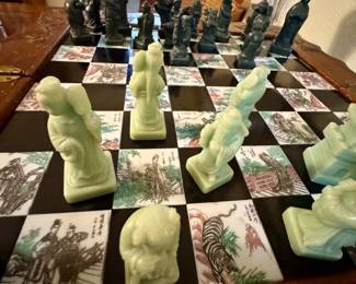 VINTAGE CHINESE HAND CARVED SOAPSTONE CHESS SET ON ORNATELY PAINTED WOODEN BOARD