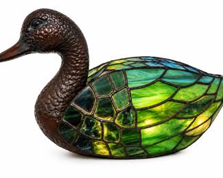 Tiffany style lamp shaped like a mallard duck.