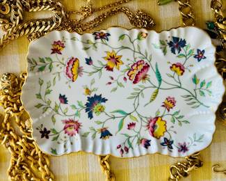 Royal Limoges Adriana Rectangular Tray featuring a colorful floral vine pattern on a white scalloped porcelain base.