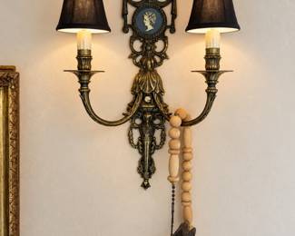 Pair of sconces love the bird at end of wood beads