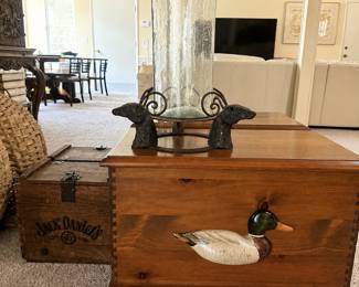 vintage wooden storage chest featuring a carved and painted mallard duck decoy