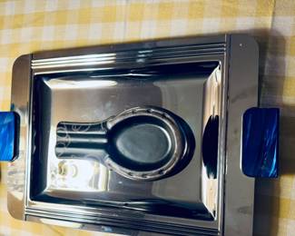 Modernist Jean Couzon stainless steel serving tray featuring a sleek rectangular form with fluted Art Deco-style edge detailing of striking marbled blue plastic side handles ~ horseshoe shape Sterling inlay
