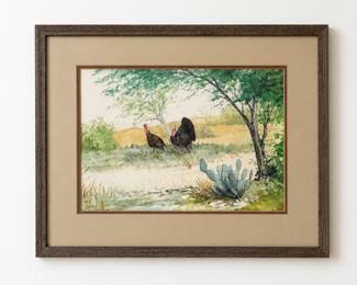 Framed watercolor painting of two wild turkeys landscape with a prickly pear cactus!