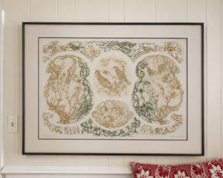 limited-edition signed and numbered intaglio etching or aquatint, very intricate botanical, organic print composition. These Framed intaglio or aquatint print on paper. Biomorphic arches featuring detailed botanical illustrations, birds, and earthy green and sepia/gold tones are stunning.