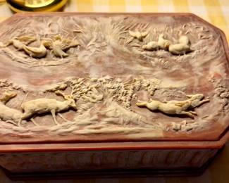 vintage Incolay Stone Wildlife Jewelry Box featuring a 3D carved relief scene of deer, rabbits, and birds on the lid