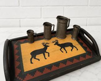 Tray with Deer silhouette design on nice geometric-bordered panel, accented by a set of small pewter mini pitchers