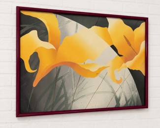 limited-edition floral serigraph print titled "Phoenix" by American artist Nancy Denison, featuring stylized yellow and orange lily blossoms against a soft, abstract linear background