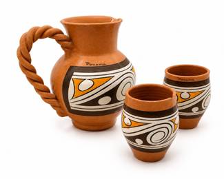 vintage La Pena Ceramica of Veraguas Pottery Pitcher & Tumblers set from Panama, crafted around the 1960s