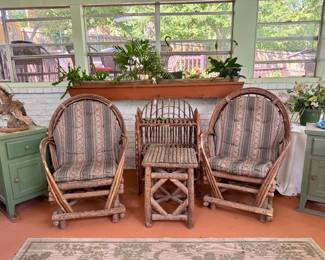 Pair of rustic bent willow armchairs with matching twig side table