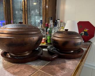 pair of vintage carved wooden covered bowls with matching tray
