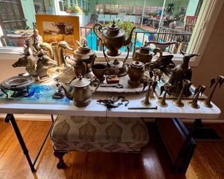 Collection of copper and brass. Another set of duck bookends also stag bookends, tea set, miniature cowboy boot long list of goods!