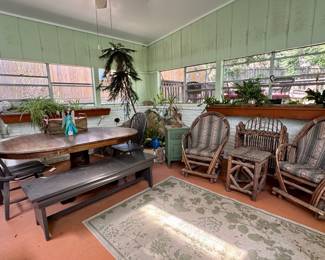 Benches, chairs, massive claw foot dinning table
