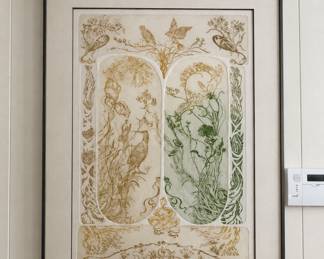 limited-edition signed and numbered intaglio etching or aquatint, very intricate botanical, organic print composition. These Framed intaglio or aquatint print on paper. Biomorphic arches featuring detailed botanical illustrations, birds, and earthy green and sepia/gold tones are stunning.