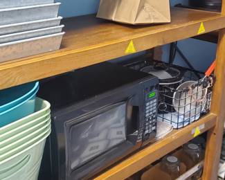 High end shelving, microwave, crock pot metal trays buckets