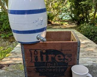 Vintage Hires advertising crate, large stoneware crock and kitchen collectibles.