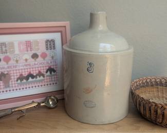 Vintage needlework, large stoneware jug, baskets and home décor.