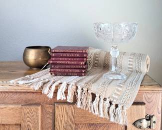 Vintage glassware, linens and decorative tableware.