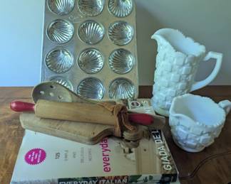 Vintage glassware, books and decorative pieces for home and table.