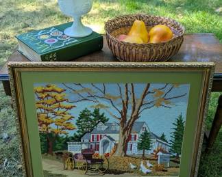 Vintage framed art, wicker and decorative home pieces.