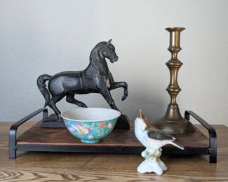 Vintage horse décor, brass candlestick, pottery and other decorative finds.