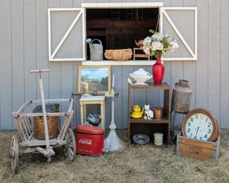 A preview of what you'll find at the barn sale — antiques, vintage décor, collectibles, old farm pieces and more, all individually priced and tagged.