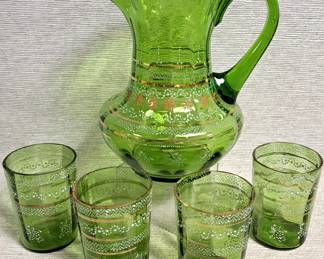 ART GLASS HAND BLOWN PITCHER & GLASSES
