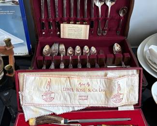 Silver plate, flatware, buck, carving set