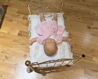 Vintage Gold-Tone Metal Doll Bed with Bedding