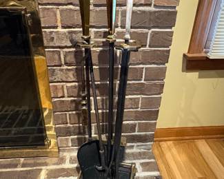 Mid-Century Modern Brass and Black Iron Fireplace Tool Set