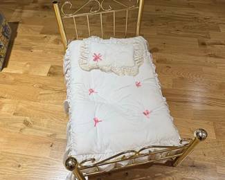 Vintage Gold-Tone Metal Doll Bed with Bedding