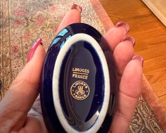 Limoges France Cobalt Blue Oval Trinket Box with Courting Couple