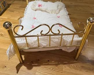 Vintage Gold-Tone Metal Doll Bed with Bedding