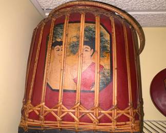 Vintage Thai Hand-Painted Lacquered Bamboo Rice Basket