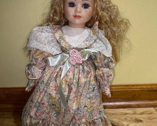 Porcelain Collector Doll with Floral Dress and Lace Trim