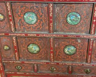 Tibetan Red Lacquer Cabinet with Painted Motifs