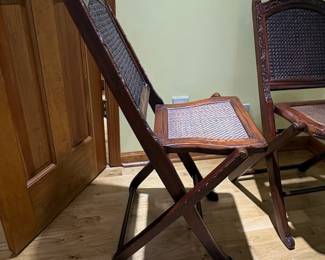 Vintage Chinese Carved Hardwood Folding Chairs with Rattan Panels