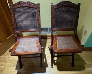 Vintage Chinese Carved Hardwood Folding Chairs with Rattan Panels