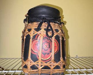 Thai Hand-Painted Black Lacquered Bamboo Rice Basket