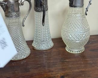 Vintage Diamond Point Cut Glass Claret Jugs with SilverPlated Mounts
