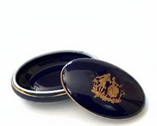Limoges France Cobalt Blue Oval Trinket Box with Courting Couple