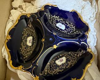 Reichenbach Cobalt Blue and Gold Gilt Three-Section Relish Dish
