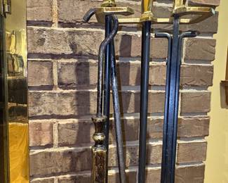 Mid-Century Modern Brass and Black Iron Fireplace Tool Set