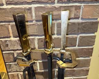 Mid-Century Modern Brass and Black Iron Fireplace Tool Set
