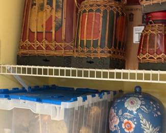 Vintage Asian Lacquer and Wicker Rice Baskets